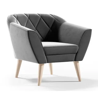 GUTTO Sessel aus Velour Samt grau KARO Relaxsessel Fernsehsessel im Skandinavischen Stil Polstersessel auf hohen Holzbeinen hohe Füe moderne Steppung - Grau