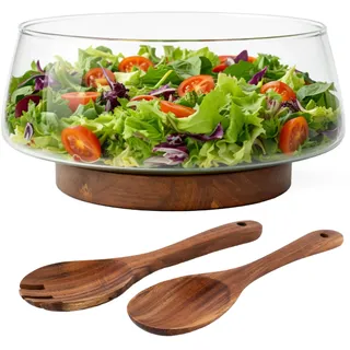 MIAMIO - Salatschüssel Set/Große Salatschale Glas/Obstschale (3,5l) | Salatschüssel Set/Glasschüssel mit Holzständer, Servierschüssel/Obstschale aus Glas mit Standfuß aus Akazienholz/Salatbesteck