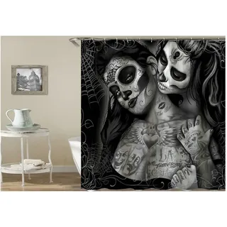 KnSam Duschvorhang Anti-Schimmel Wasserdicht Vorhänge an Badewanne Bad Vorhang für Badezimmer Gothic Totenkopf Tattoo Frauen 100% PEVA inkl. 12 Duschvorhangringen 120 x 180 cm