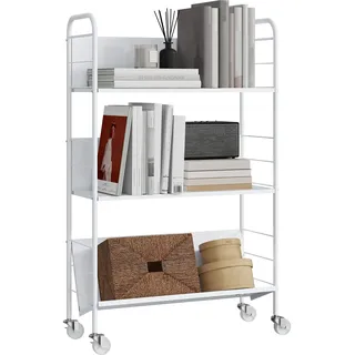 HOMCOM Bücherregal Mobiles Aufbewahrungsregal mit 3 Ebenen, Rädern, rollbares Spielzeugregal aus Metall, Bücherschrank für Schlafzimmer, 69 x 26 x 108 cm, Weiß