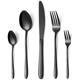 HONKKU Besteck Set Schwarz, 30 Teilig Edelstahl Besteckset für 6 Personen, Essbesteck Set mit Abendessen Messer, Gabeln und Löffeln für Zuhause/Restaurant/Party/Bankett, Rostfrei Spülmaschinenfest