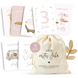 MeinBaby123® Meilensteinkarten "Dein erstes Jahr" | Meilenstein Karten Set Geschenk zur Geburt | Fotokarten für das erste Jahr | 50 Karten Inkl. Baumwollsäckchen (rosa)