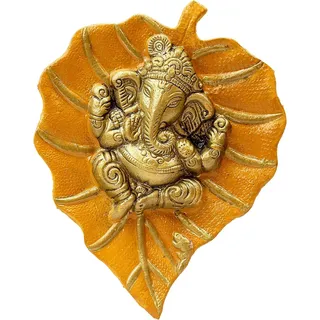 Craft Trade Wanddekoration Kupfer Metall Lord Ganesh Ganpati auf einem Paan Patta-Blatt Idol Vastu Artikel Glücklich Wandbehang Statue für Dekor Zuhause Wohnzimmer und Schlafzimmer- Orange