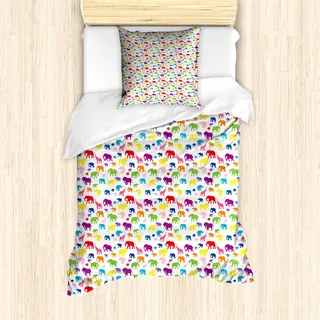 ABAKUHAUS Elefant Bettbezug Set für Einzelbetten, Bunte Safari-Fauna, Milbensicher Allergiker geeignet mit Kissenbezug, 135 cm x 200 cm - 80 x 80 cm, Mehrfarbig