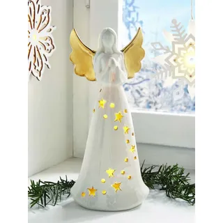 Dekoleidenschaft LED Dekofigur Engel Goldflügel aus Porzellan, weiß / gold, 25 cm hoch, Weihnachtsdeko, Engelfigur