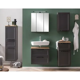 Badmöbelset Landhaus Stil mit 60 cm Waschbeckenunterschrank in dunkelgrau MARLING-03 inkl. LED-Aufbauleuchte - Grau