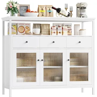 Sideboard Kommode - Küchen Anrichte - 3 Glastüren - Schubladen - Metallgestell - 108x38x98,5 cm - Weiß
