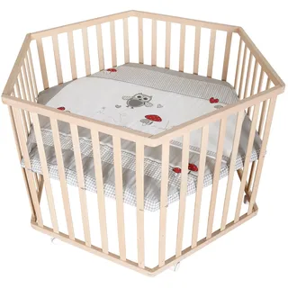 roba Laufgitter 'Adam & Eule' - Laufstall 6-eckig/hexagonal - Sicheres Spielgitter inkl. Schutzeinlage - Mobil dank Rollen - Holz natur