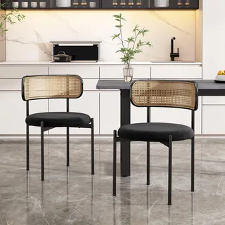 FurnitureR Samt-Esszimmerstuhl,2er Set, moderner, einfacher Freizeitstuhl mit Vier Stützbeinen aus Metall, Rattan-Freizeitstuhl, Wohnzimmer- und Schlafzimmerstuhl, Schwarz