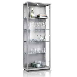 K-Möbel Vitrine 33/67/176 cm mit LED & 4 höhenverstellbaren Glasböden , Silberfarben , Holzwerkstoff , Rechteckig , 67x176x33 cm , Esszimmer, Vitrinen, Vitrinenschränke