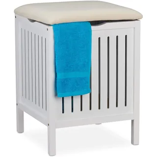 Relaxdays Wäschekorb mit Sitz, Landhausstil, 40 l Wäschesammler, Holz & Stoff, Badhocker HxBxT: 55 x 41 x 41 cm, weiß