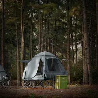 SoBuy OGS32-L-HG Feldbett mit Zelt 2 Personen 7in1 Wurfzelt mit Luftpumpe Rolltasche Schlafsack Vorzelt Wasserdichtes Campingbett Hellgrau bis 180 kg - Hellgrau