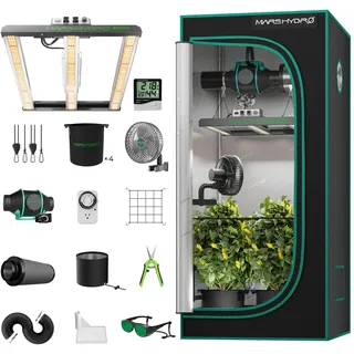 MARS HYDRO FC1500 Growzelt Komplettset Samsung 301H EVO Led Grow Lampe Light Vollspektrum Dimmbarer Pflanzenlampe mit Hydroponics 1680D 80X80X160cm Growtent Indoor Grow Set mit 4" Belüftungssat