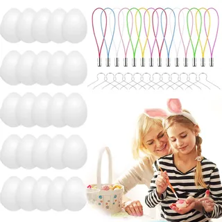 KEELYY 25x Ostereier Plastik weiß, Ostereier zum Bemalen, Ostereier zum Aufhängen mit Seil, Plastikeier Deko Eier zum Basteln