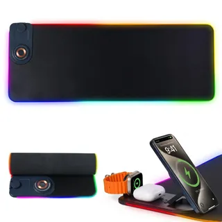 Unipampa 3 in 1 Gaming Mauspad, Mousepad, RGB Mousepad, Wasserdicht Mauspad | mit 15W Kabelloses Laden für Uhren, Kopfhörer, Mobiltelefone, 15 LED Farben, mit Rutschfester Gummibasis, Wasserdicht