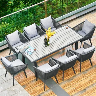 Rainsworth Gartenlounge-Set Rattan Bestehend aus 8 Sesseln und 1 Tisch mit 8 Kissen und 8 Sitzkissen