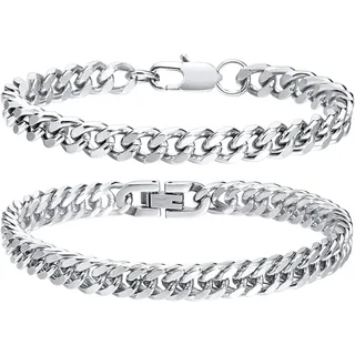 23 Herren Armband Edelstahl Armbänder Panzerkette - 2 Stücke Silber Schwarz Herrenarmbänder für Männer Jungs Kubanische Armband 10mm Breite 19cm/21cm/23cm Länge Geschenke für Ehemann