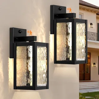 Wondlumi 2er Set Aussenlampe mit Bewegungsmelder E27 Glas Schwarz IP44 | Aussenleuchten 3 Beleuchtungsmodi Wasserstruktur-Glas Industrial 230V Hof Eingang Haustür Garage Garten ohne Leuchtmittel