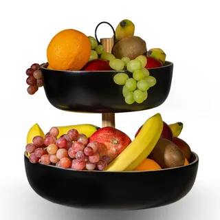 Tiali Obst Etagere 2 Etagen Bambus - Holz für Extra Viel Stauraum - Obstkorb Schwarz aus Natürlichem Bambus für Frisches Obst - Moderne Obstschale