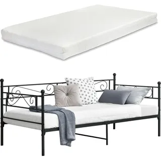Metallbett Kerava 90x200 cm mit Kaltschaummatratze Tagesbett mit Kopf- und Fußteil Bettsofa Kojenbett Jugendbett Gästebett Schwarz [en.casa] - Schwarz