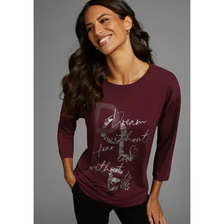 3/4-Arm-Shirt LAURA SCOTT, Damen, Gr. 38, rot (bordeaux), Single Jersey, Obermaterial: 95% Viskose, 5% Elasthan, bedruckt, metallic, unifarben, figurumspielend hüftbedeckend, U-Boot-Ausschnitt, Shirts 3/4-Arm-Shirt, mit Glitzerpint, Topseller