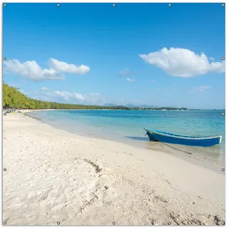 Wallario XXL Outdoor-Poster für Garten oder Balkon, Motiv Boot an einem tropischen Strand, in ca. 200 x 200 cm - Blau