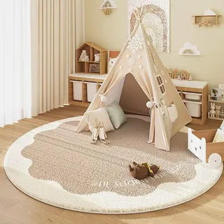 Tospass Kinderzimmer Rund Kunstwolle Teppich Schlafzimmer Blume Weicher Waschbarer Kinder Teppich Creme Stil Junge Mädchen Kurzflor rutschfest, 60 cm Rund