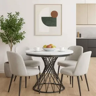 Runder Tisch LAURA Ø 100–140 cm ausziehbar, Metallbeine, Loft-Stil, Farbe: Schwarz/Weiß - Weiß, Schwarz