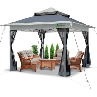 VOUNOT® Pavillon Faltbar 3,6x3,6m, Pop Up Partyzelt mit Mesh Sides & Doppeldach, Faltpavillon Stabil mit Bein Gewichte & Roller Bag, Gartenpavillon Gartenzelt Grau