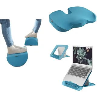 Set Leitz Schreibtisch-Fußstütze + Sitzkissen + Laptopständer, ideal im Home Office, reduzieren Nacken- & Rückenschmerzen, Schaumstoff mit Stoffbezug, IGR-zertifiziert, Ergo Cosy Serie, Sanftes Blau