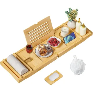 Bambus Badewannenablage verstellbares Badewannenbrett mit Getränkehalter 75-109 * 23 * 4,5cm