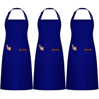 umboom 3 Stücke Blau Kochschürze, Verstellbare Küchenschürze mit 3 Taschen für Herren Frauen, Gastronomie Arbeits Schürze für Kellner Chef Friseur Barista Backen Bar (Polybaumwolle - Blau)