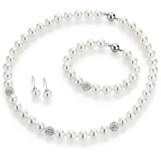FIRETTI "Multipack Schmuck Geschenk Perlenkette Perlenarmband Perlohrhaken", (Set, 4 tlg.) mit Muschelkernperlen und Kristallsteinen, silberfarben, weiß, weiß),