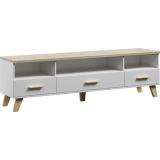 Furniture24 Tv Schrank Lotta, Wohnzimmerschrank, Schrank, Fernsehenschrank, Lowboard, Unterschrank mit 3 Schubkästen, Skandinavisch, Briliant Weiß - Weiß