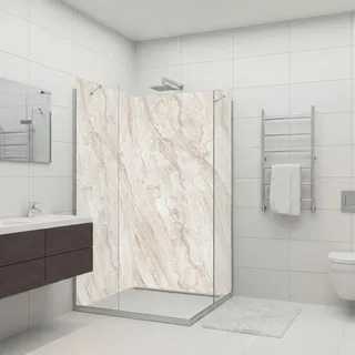 dedeco 2tlg. Eck-Duschrückwand Marmor V9 individuell nach Maß Alu 3mm | Wasserfeste Duschrückwand, Alu-Verbundplatte classic – fugenlos, pflegeleicht, Fliesenersatz, Made in Germany