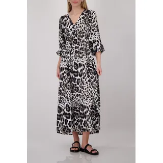 Maxikleid MONARI "Kleid Leodruck allover", Damen, Gr. 34, N-Gr, schwarz-weiß (braun gem), Web, Obermaterial: 100% Viskose, gemustert, regular fit lang, V-Ausschnitt, eingesetzt eingefasste Kante, Kleider Maxikleid, Regular fit mit Leomuster