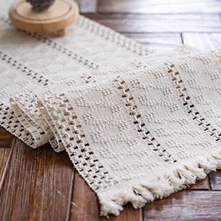 Weldomcor Beige Makramee Tischläufer Boho Baumwollflachs Tischläufer mit Quasten, Rechteckige Häkelspitze Mesh Tischdecke für Küche Vintage Bauernhaus böhmische Hochzeit Tabletop Dekor, 30x240cm