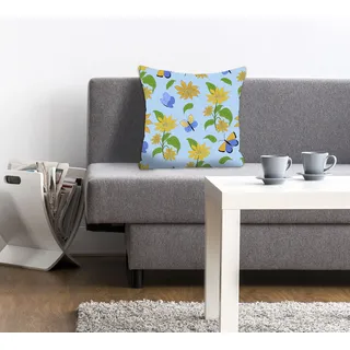 Dekokissen QUEENCE "Lova", bunt (hellblau, gelb, bedruckt), B:40cm L:40cm, Polyester, Dekokissen_Sitzkissen_Kissenhüllen, Dekokissen, mit Schmetterlingen und Blumen