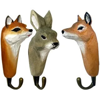 your castle 3 Wandhaken Garderobehaken Kleiderhaken aus Holz Waldtiere: REH, Fuchs und Hase, mit Metallhaken handgearbeitet 12cm