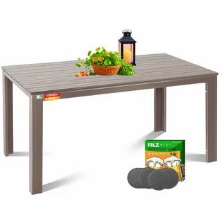 KESSER® Gartentisch 156x78cm für bis 6 Personen Esstisch Wetterfest & UV-Beständig | Outdoor Tisch mit pulverbeschichteter Stahl-Gestell & Kunststoff Tischplatte in Holz-Optik inkl. 6 Filz-Untersetzer