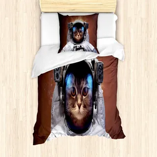 ABAKUHAUS Raum-Katze Mantele, Kitten in Milkyway, Milbensicher Allergiker geeignet mit Kissenbezügen, 135 cm x 200 cm - 80 x 80 cm, Weiß und Blass Caramel - Weiß