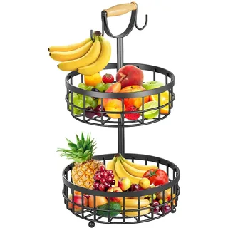 Piashow Obst Etagere mit 2 Etagen, Obstschale Etagere groß mit 2 Haken und Griffe, Edelstahl Obst Aufbewahrung Servierplatte für Buffets, Snack, Gemüse, Desserts, 53x28x28CM