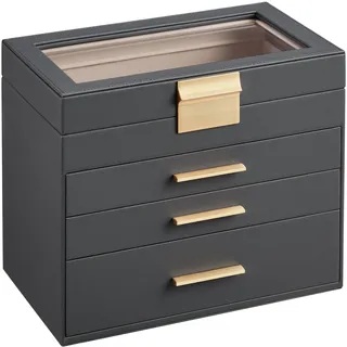 SONGMICS Schmuckkästchen, Schmuckkasten mit 4 Ebenen, Schmuckbox mit Glasdeckel, 3 Schubladen, für Sonnenbrillen, große Schmuckstücke, Schmuckaufbewahrung, modern, weihnachten, grau-golden JBC161C01