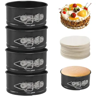BelleStyle Kuchenform Rund Set, 4 Stück Mini Springform Rund, Klein Backformen Set mit Antihaftbeschichtung Auslaufsicher, Abnehmbarer Flachboden, Tortenform zum Backen Verschiedener Kuchen unt Brot