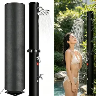 Solar Gartendusche 35 Liter Solardusche Garten mit Drehbarem Duschkopf, Fußarmatur und Abdeckhaube, Einstellbares Warm und Kaltwasser, Maximal 60°C, Aussendusche Solar Dusche für Garten Pool Camping - Schwarz