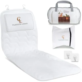 Badewannenkissen Ganzkörper Badekissen (125x43cm) - Badewannenmatte mit Kopfstütze unterstützt Nacken, Rücken und Beine - Mit Wasch- und Reisebeutel und Hängehaken für schnelles Trocknen - Weiß