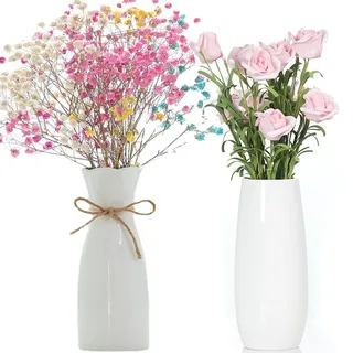 Arawat 2er Blumenvasen Keramik Vase Weiß 20cm Tulpenvase Set für Blumen Pampasgras Deko Wohnzimmer Modern Weiß Dekorative Aesthetic Vasen Keramik Blumenvase Geschenk Modern Vase Nordische Vase Weiß