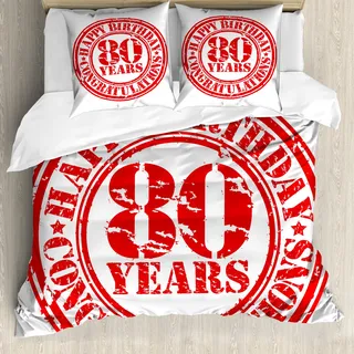 ABAKUHAUS 80. Geburtstag Bettbezug, Alles Gute zum Geburtstag Stempel, Milbensicher Allergiker geeignet mit Kissenbezügen, 155 cm x 220 cm - 80 x 80 cm, Rot und weiß - Weiß