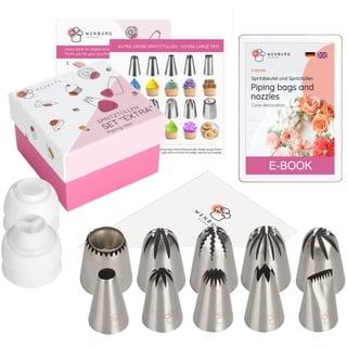 Wenburg Spritztüllen Set - 24 teilig - Verschiedene Spritzbeutel mit Tüllen Profi - Backset mit vielseitigem Zuberhör für Torten Dekoration inklusive E-Book (Set Extra)