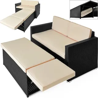 CASARIA® 2in1 Gartensofa mit Hocker Gartenmöbel Set 7cm Auflage 2 Sitzer 125x70cm Stauraum Ottomane Wetterfest Balkonmöbel Polyrattan Lounge Schwarz - Schwarz